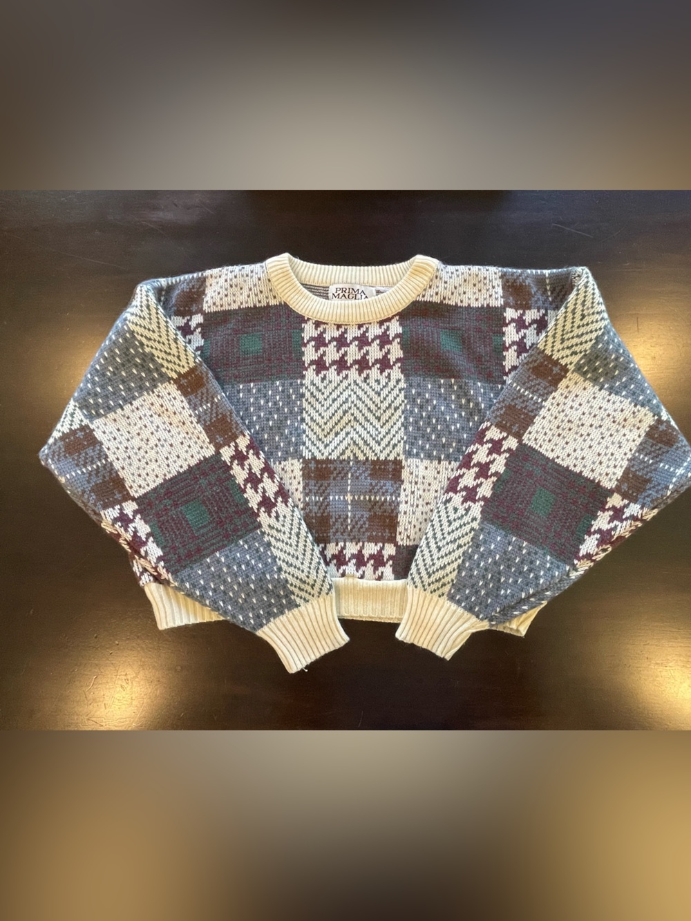 Vince Multi-Pattern Crewneck Sweater in Blue, Cream, Brown & Green